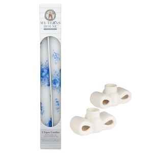 My Texas House Easter 10" Blue Flowers & White Candles & Bow Candle Holders 2ct